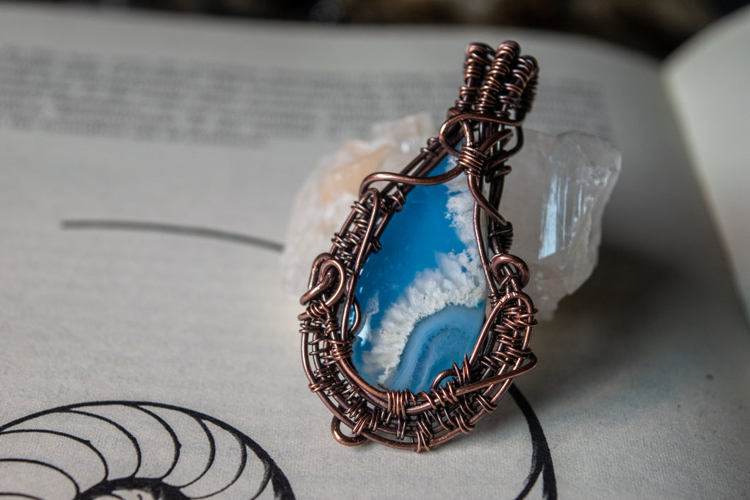 Blue Sky Plume Agate Wire Wrapped Pendant