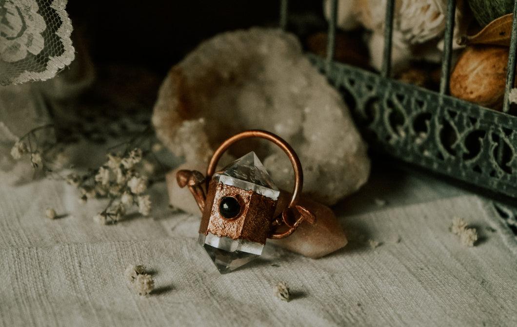 Electroformed Quartz Point Pendant w/ Mushrooms and Black Obsidian