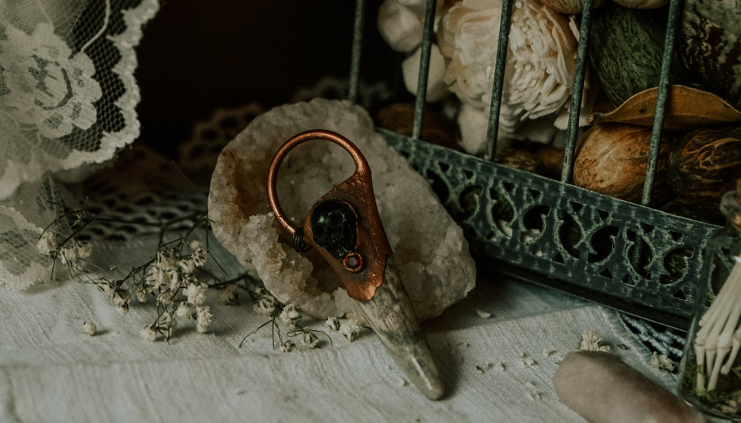 Antler Pendant with Skull and Garnet Electroformed Pendant