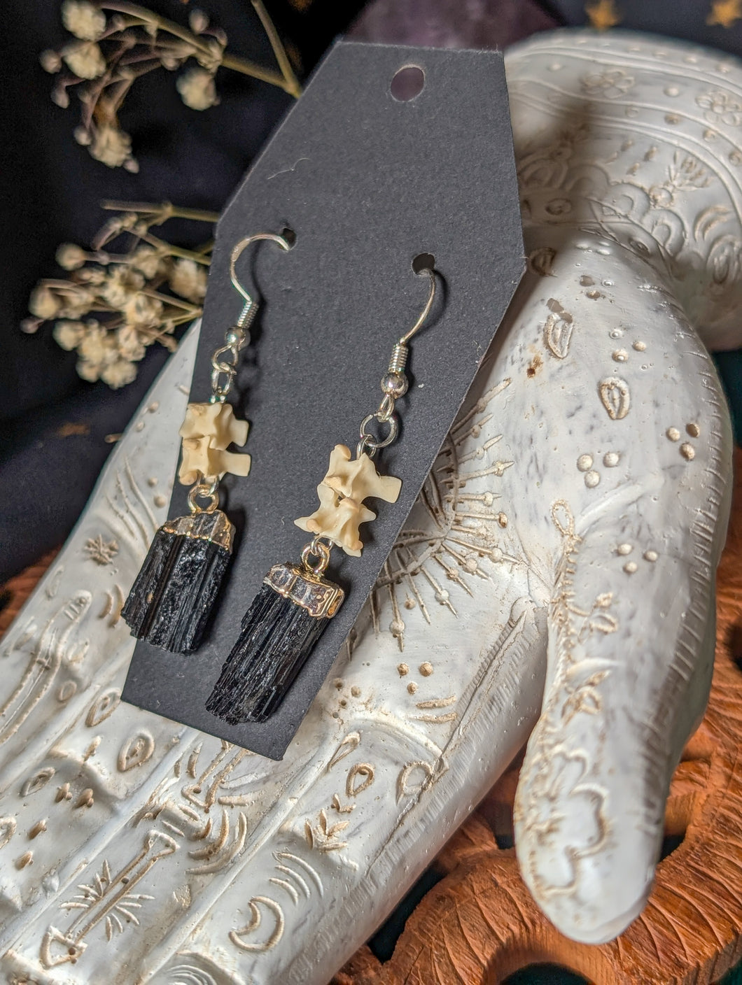 Black Tourmaline + Snake vertebrae Earrings