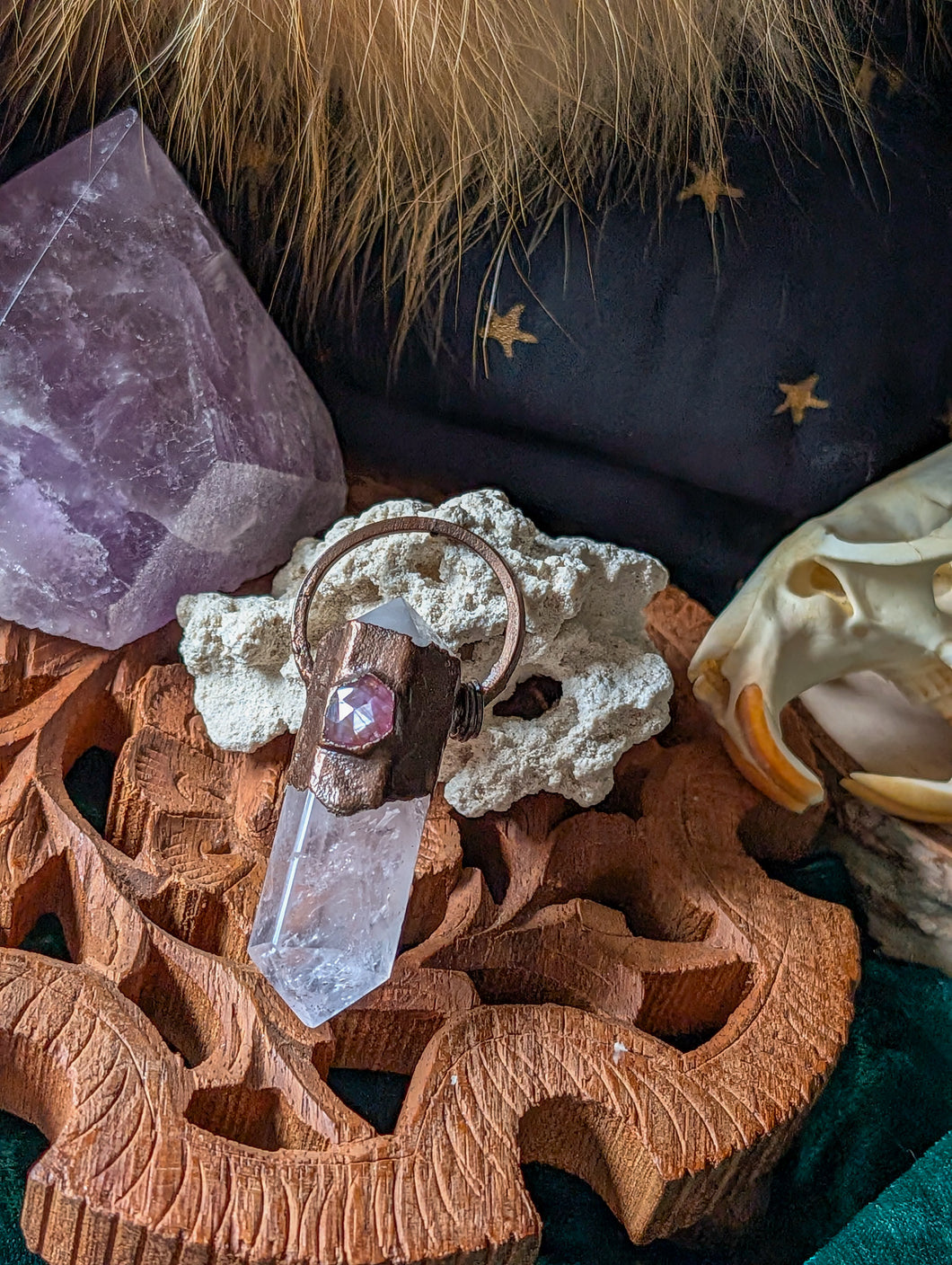 Rose Quartz w/ Ruby Sapphire Electroformed Pendant