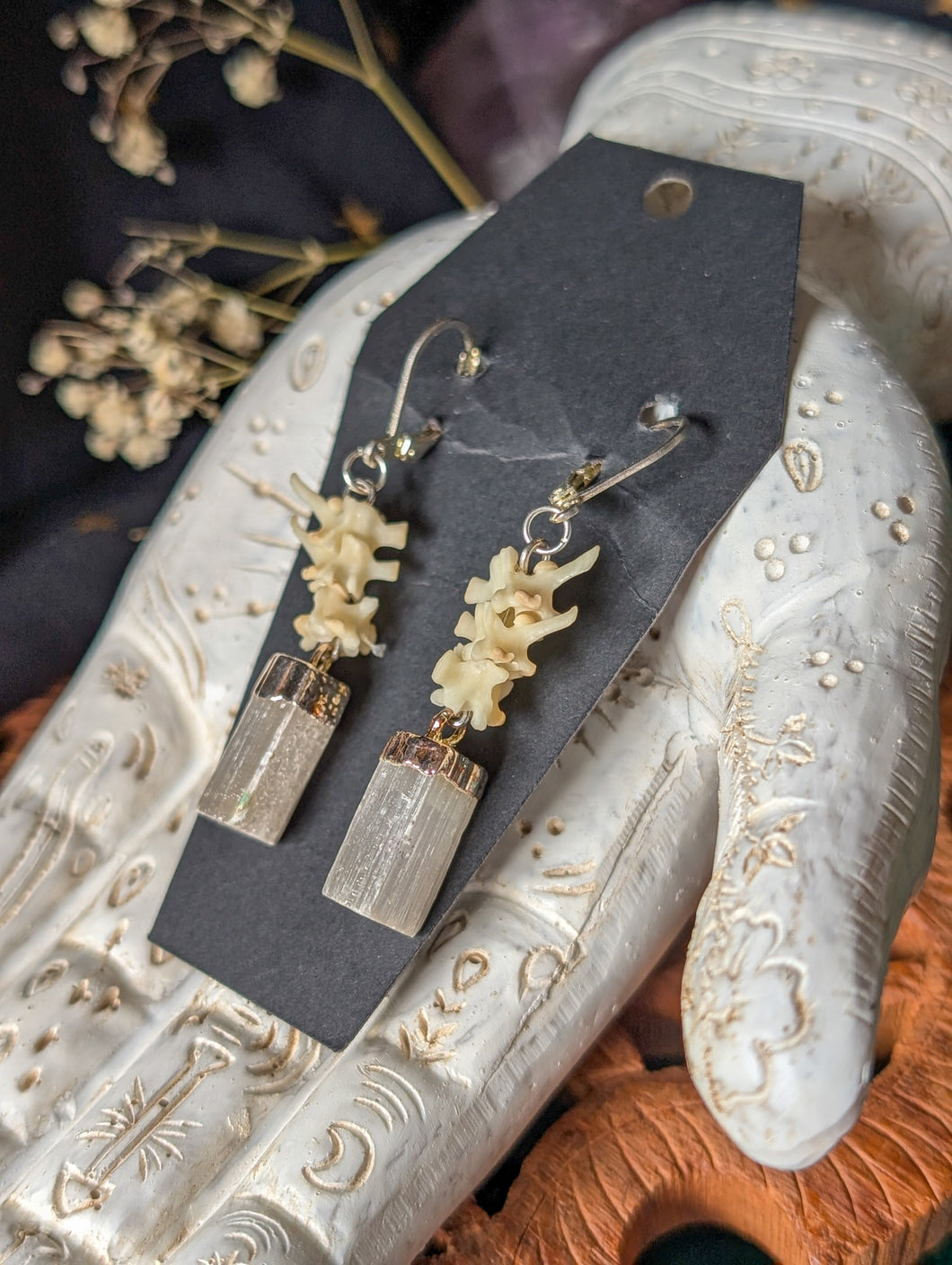 Selenite + Snake vertebrae Earrings