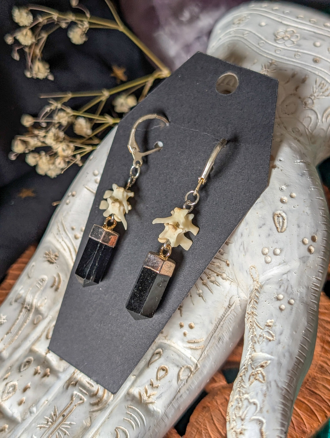 Black Obsidian + Snake vertebrae Earrings