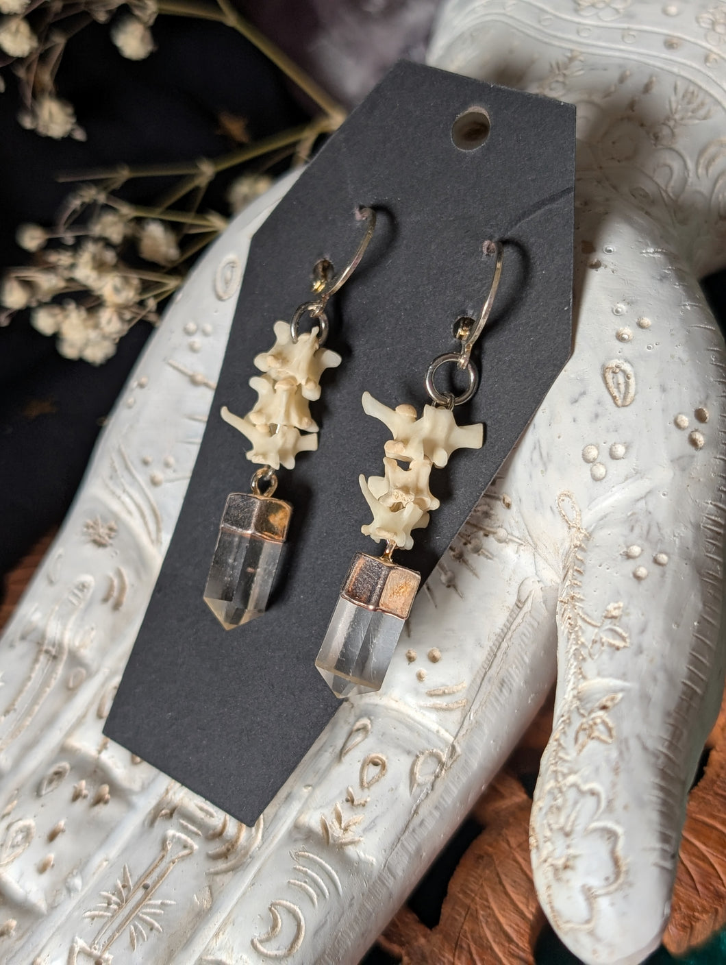 Clear Quartz + Snake vertebrae Earrings