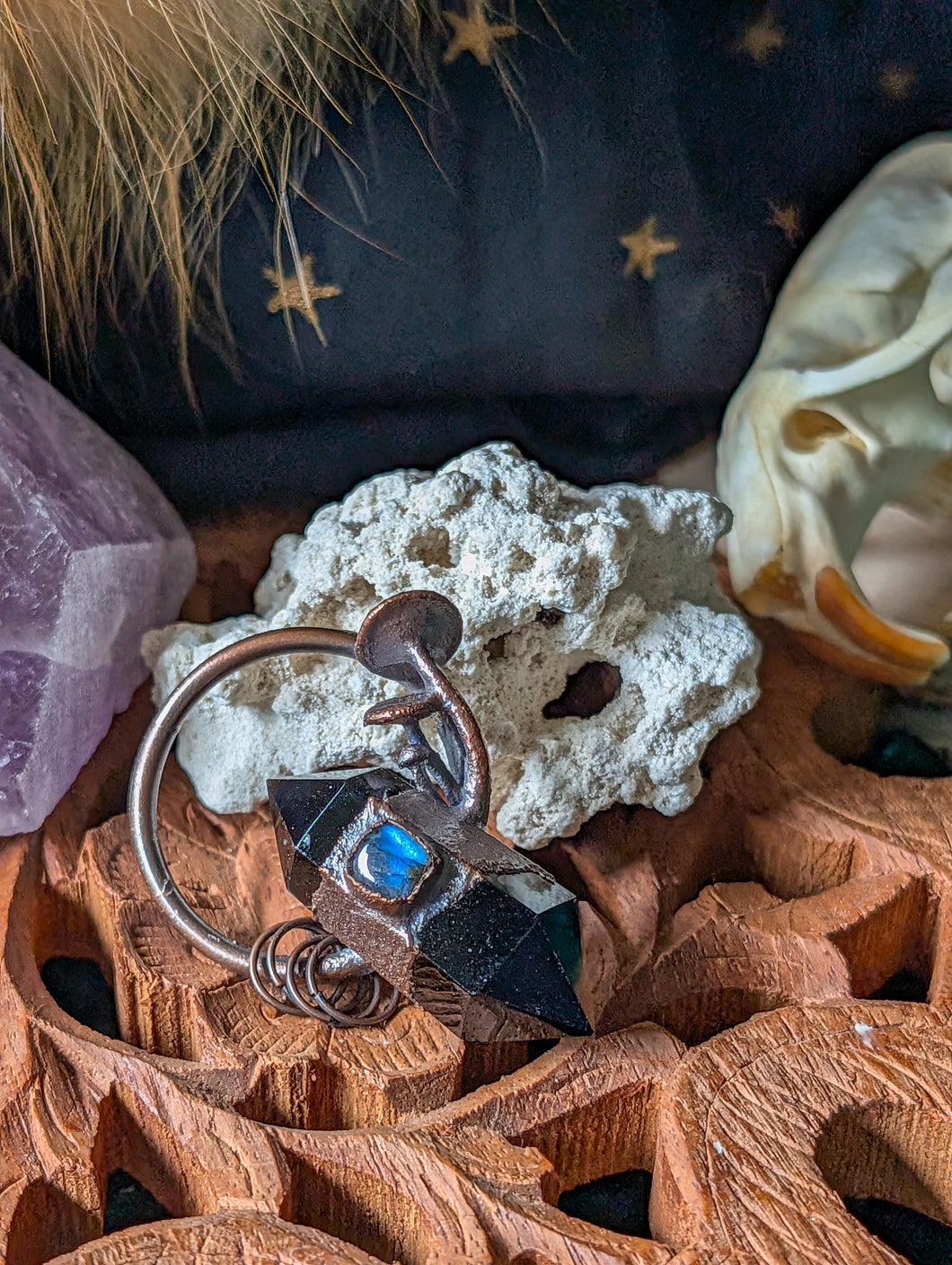 Black Obsidian w/ Labradorite Electroformed Pendant